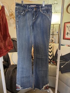 Altar'd State Blue Flare Jeans with Embroidered Hem